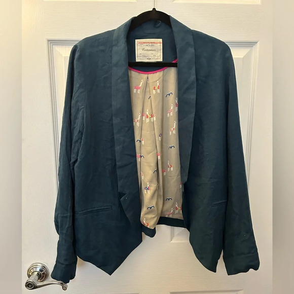. Anthropologie Cartonniere Deep Teal Textured Open Front Blazer M - Picture 3 of 7